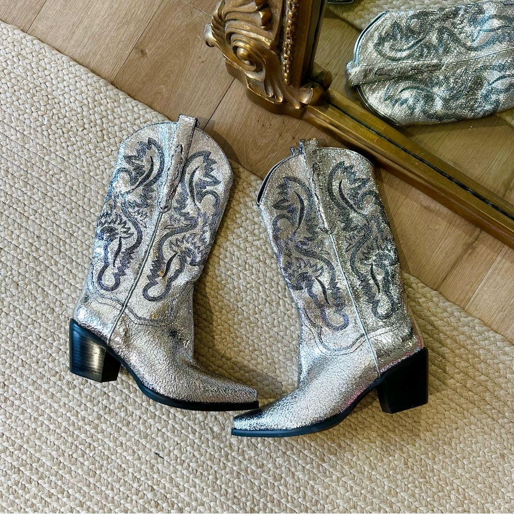 NWT New Jeffrey Campbell Dagget Western Silver Metallic Cowboy Boots Free People - Picture 3 of 10